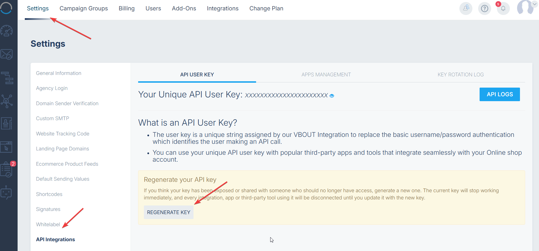 VBOUT API User Key settings